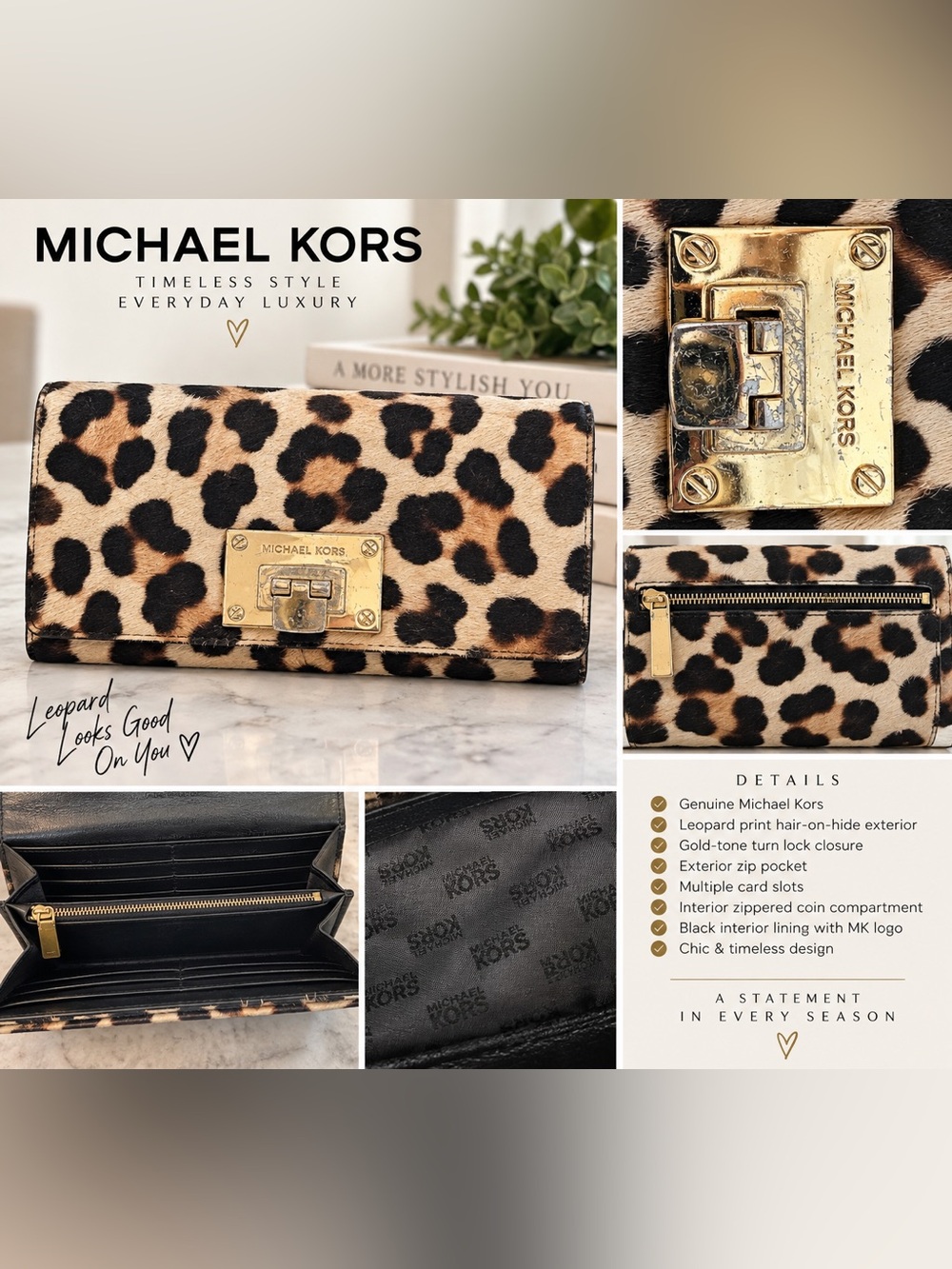 Michael Kors Leopard Print Calf Hair Turn Lock Wallet Clutch